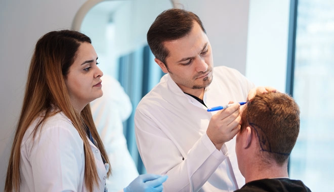 Imagem mostrando o Dr. Balwi e um assistente médico desenhando a nova linha do cabelo de um paciente.