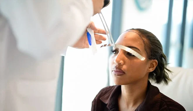 Um membro da equipa médica da Elithair desenha a linha do cabelo de uma paciente