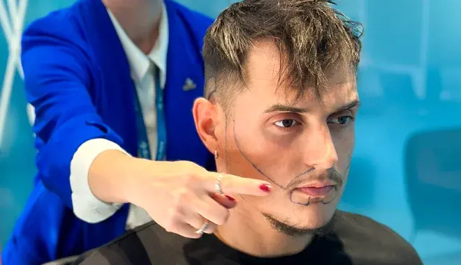 Doente com o desenho do seu transplante de barba