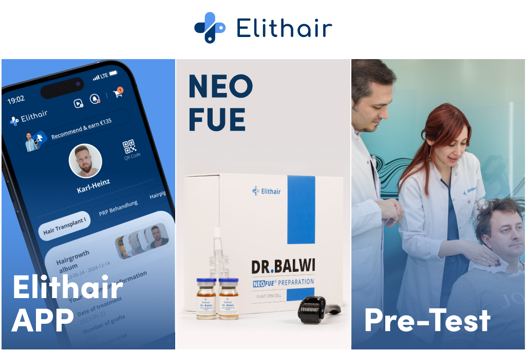 Todos os tratamentos Elithair estão incluídos com a aplicação Elithair, o kit NEO FUE e a análise de sangue do sistema pré-teste