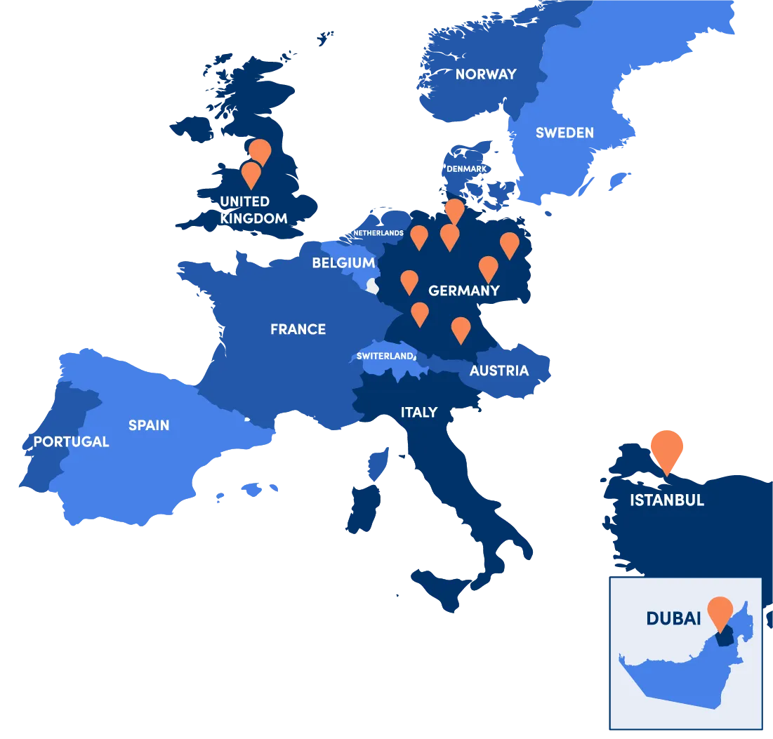 Infografia que mostra um mapa das cidades europeias onde se encontram os centros de atendimento ao cliente da Elithair