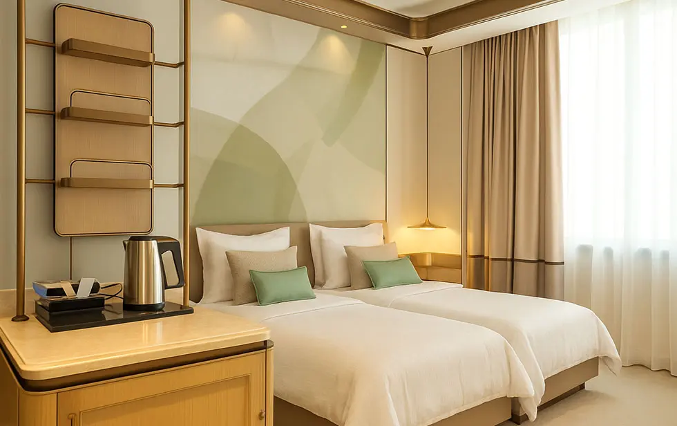 Quarto twin moderno no Elitoria Hotel com iluminação e design contemporâneo